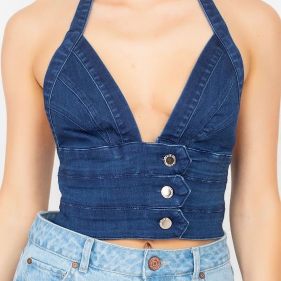 Denim halter neck seamed top - Picture 4 of 6